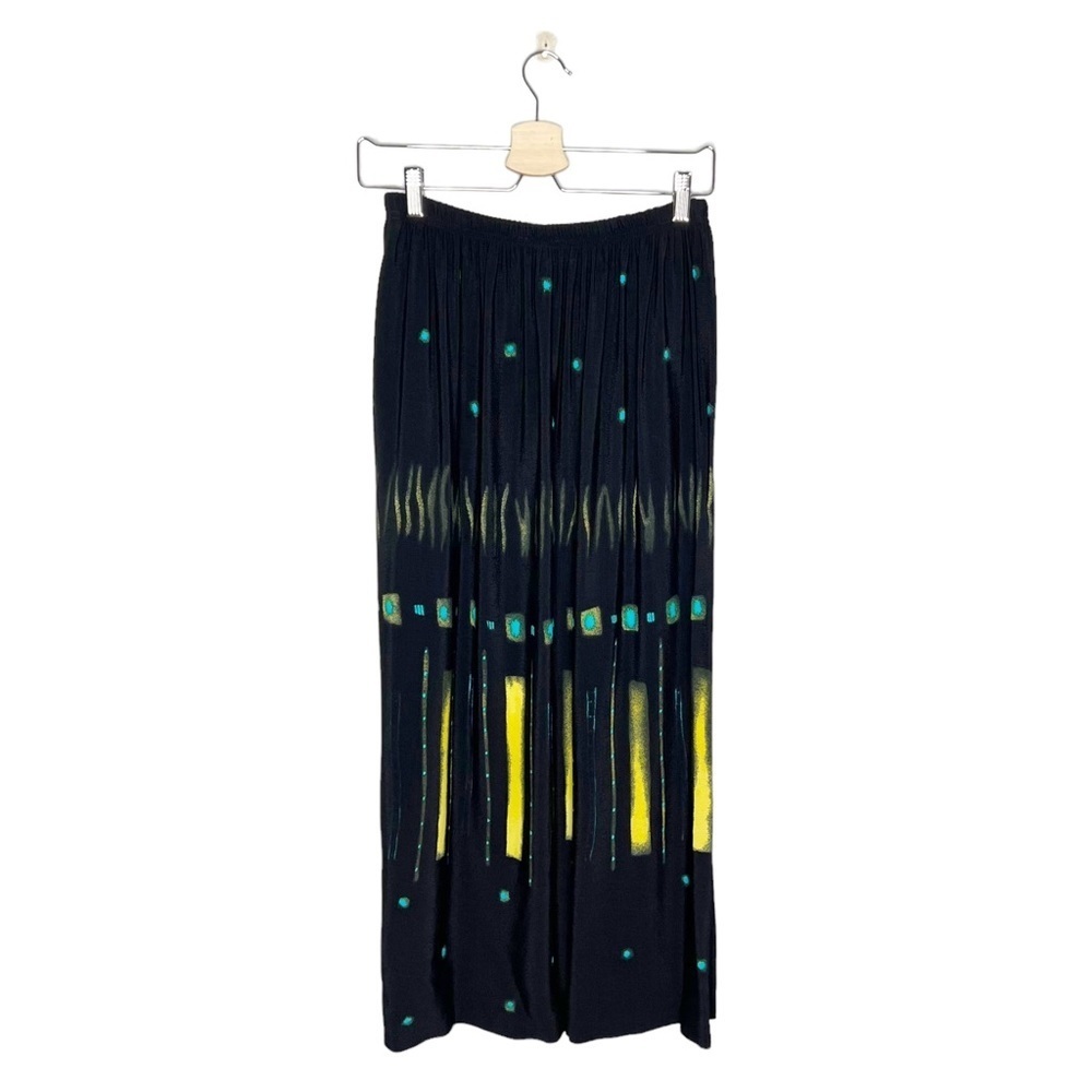 Vintage Nino Wong 100% Rayon Black Teal & Yellow Abstract Print Maxi Ski… - Picture 6 of 13